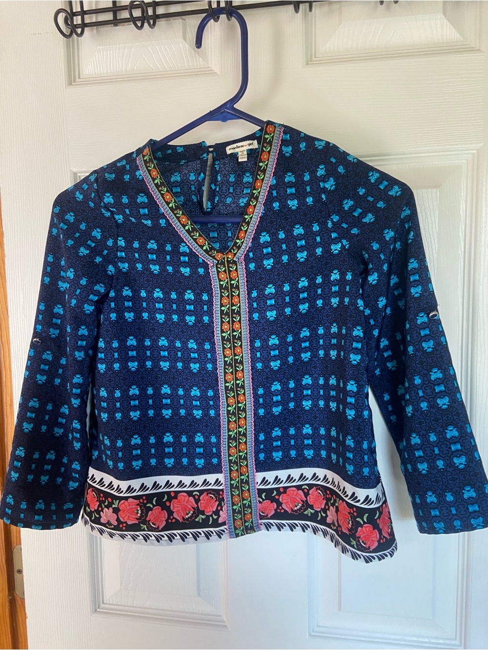 Monteau Girl Boho Floral Tunic Top Size 7/8 Blue Printed Long Sleeve Blouse